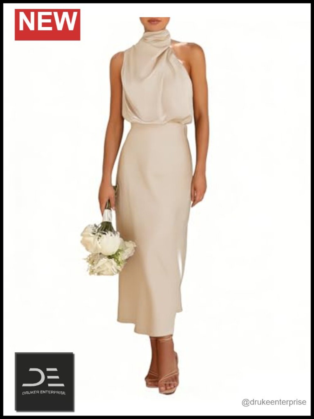 Satin Sleeveless Halter Midi Dress Elegant Formal Cocktail Party